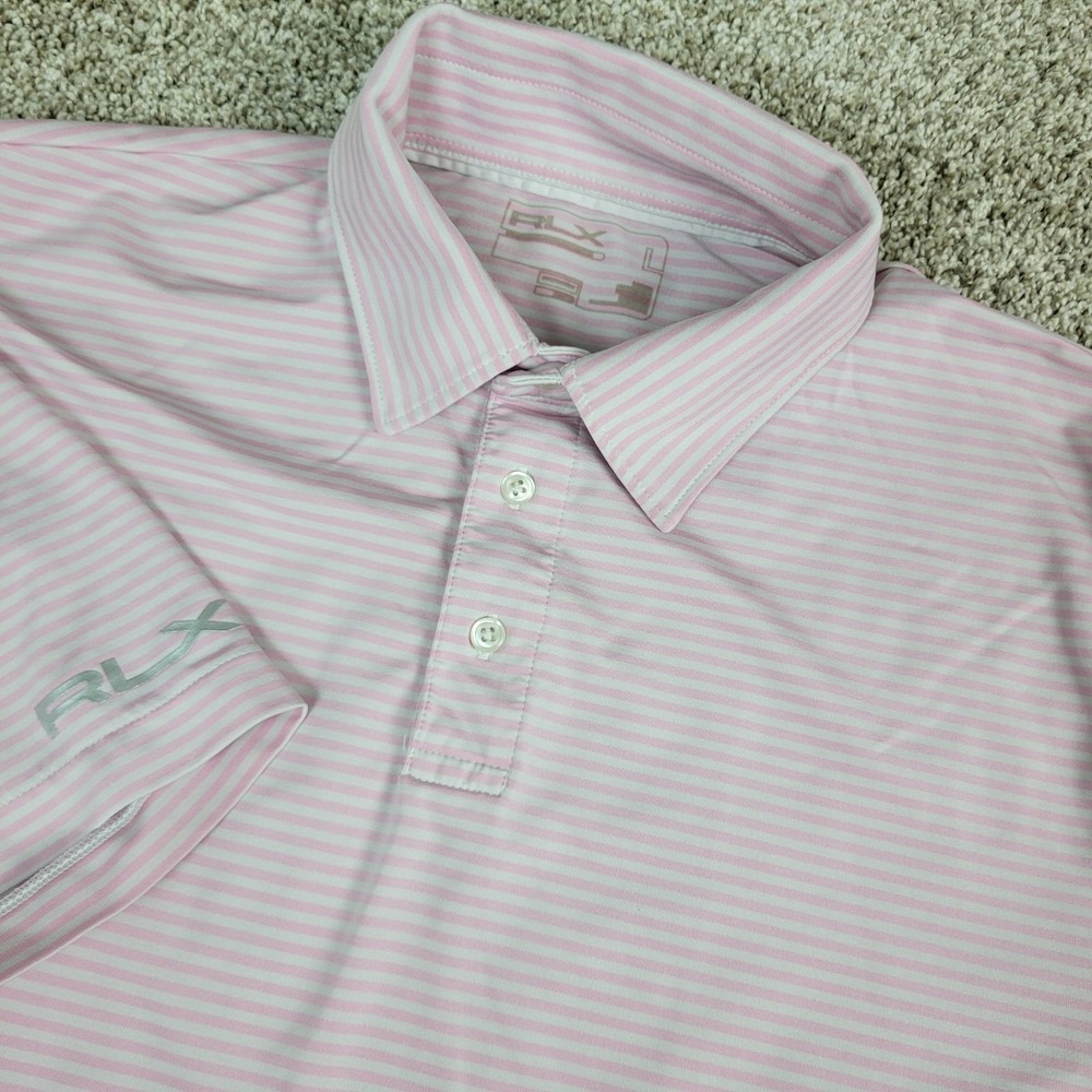 RLX Ralph Lauren Mens Large Pink White Striped Performance Stretch Golf Polo